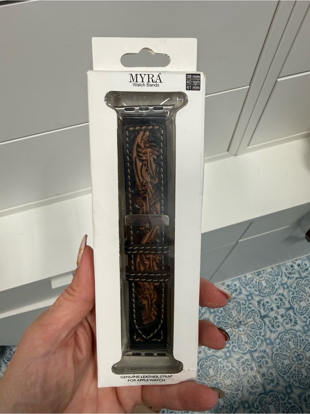 Myra Bag Brown Tooled Leather Watch Band with Black Stitching
